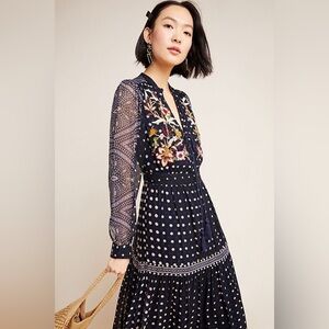 Maeve navy Cassidy embroidered midi dress Anthropologie 2p